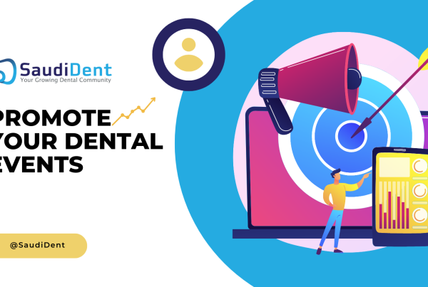 Illustration of dental events featuring professionals and a banner with @SaudiDent logo